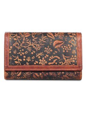 Women's Leather RFID Blocking Wallet Card Holder Clutch Purse Floral Cognac Gift
